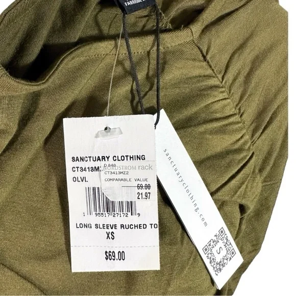 NWT Sanctuary - Moss Green Rouched Long Sleeve V neck Shirt- Size XS - Picture 6 of 6